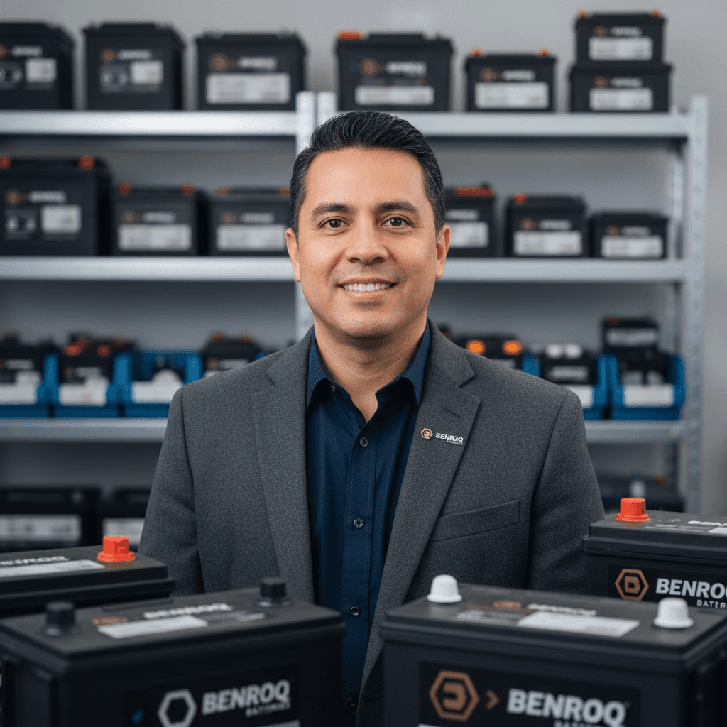 Carlos Mendez, Battery Specialist, in a workshop with various batteries.