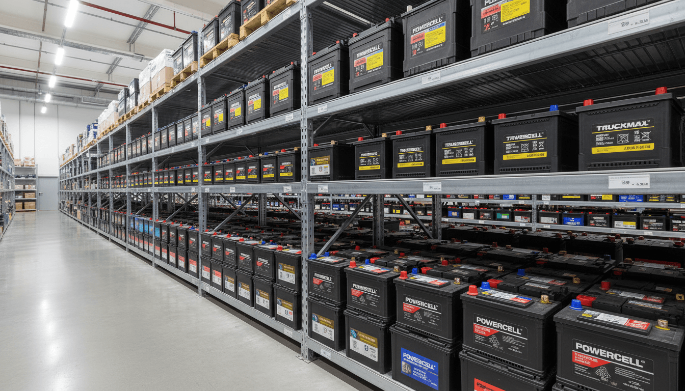 Organized inventory of car and semi-truck batteries on industrial shelves