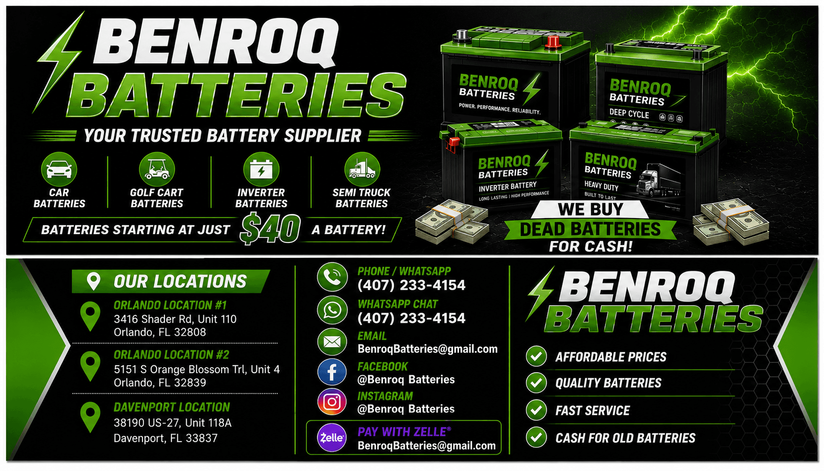 Benroq Batteries advertisement featuring green batteries, $40 starting price, cash for dead batteries, and locations.